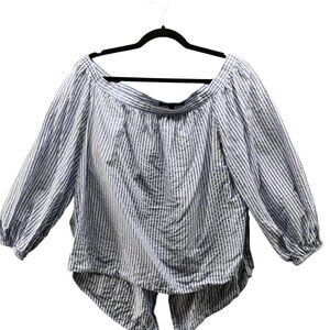 BCBGMaxazria Off Shoulder Blouse Womens L Blue White Striped Split Back